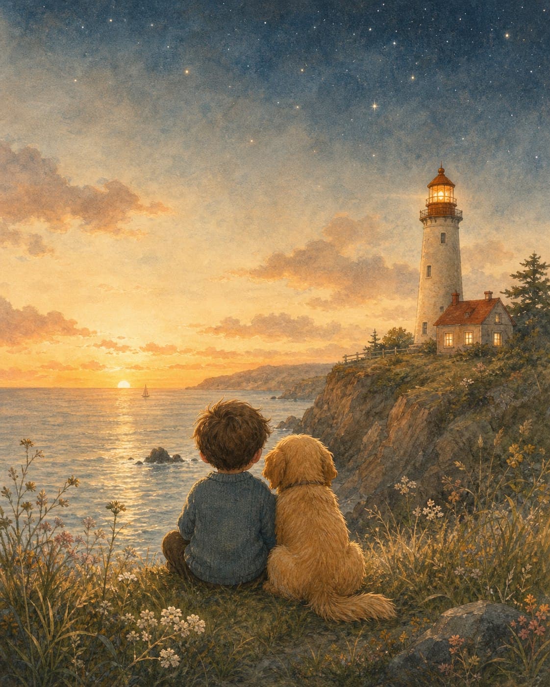 Ilustración ficticia de un niño y su perro mirando un faro al atardecer