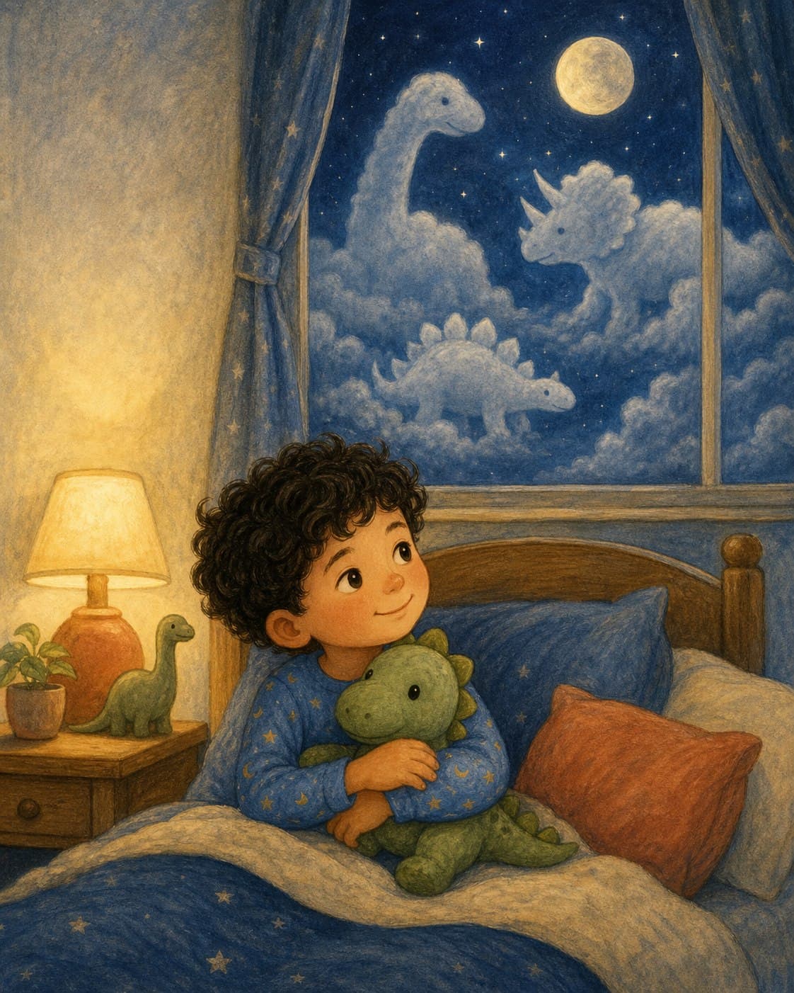 Ilustración ficticia de Leo abrazando a su peluche Nilo junto a una ventana con dinosaurios de nubes
